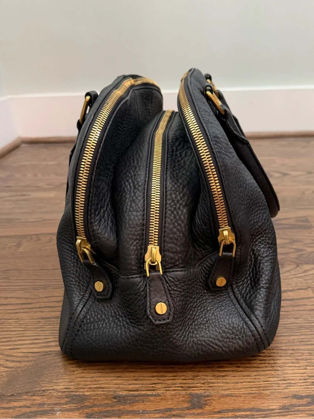 J.Crew Newbury Black Pebbled Leather Triple Zip Satchel Handbag Gold Hardware